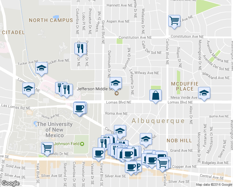 map of restaurants, bars, coffee shops, grocery stores, and more near 712 Girard Boulevard Northeast in Albuquerque