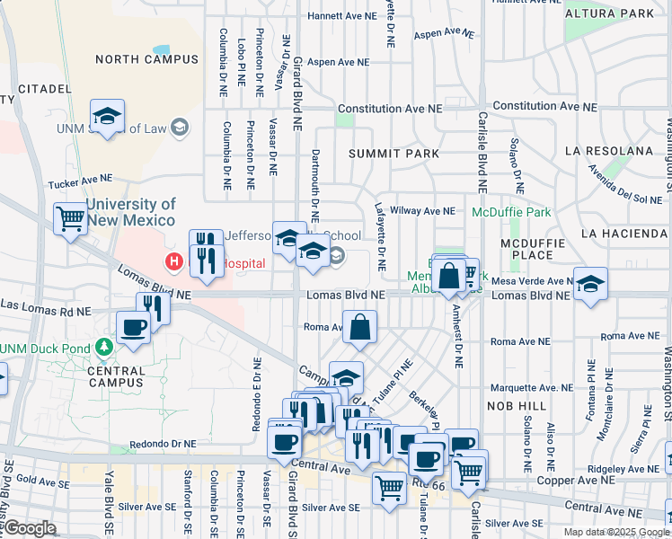 map of restaurants, bars, coffee shops, grocery stores, and more near 712 Girard Boulevard Northeast in Albuquerque