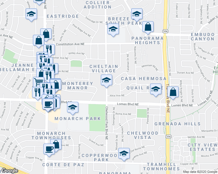 map of restaurants, bars, coffee shops, grocery stores, and more near 936 Chelwood Park Boulevard Northeast in Albuquerque