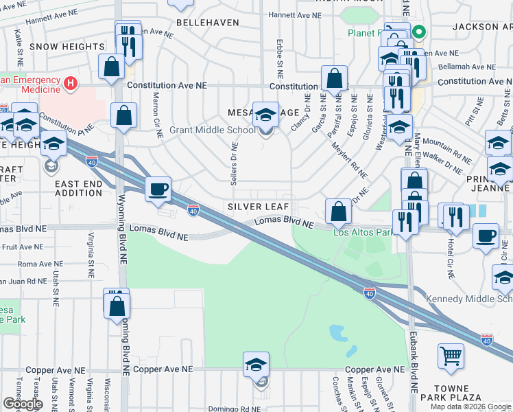 map of restaurants, bars, coffee shops, grocery stores, and more near 901 Tansion Court Northeast in Albuquerque