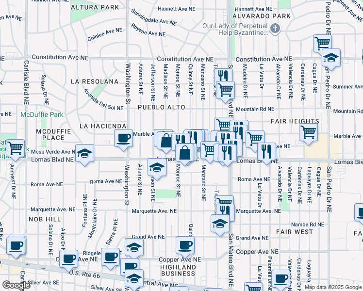 map of restaurants, bars, coffee shops, grocery stores, and more near 611 Quincy Street Northeast in Albuquerque