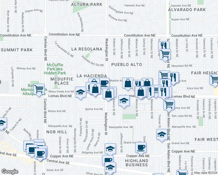 map of restaurants, bars, coffee shops, grocery stores, and more near 611 Adams Street Northeast in Albuquerque