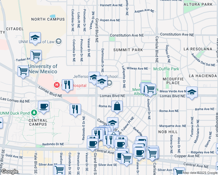 map of restaurants, bars, coffee shops, grocery stores, and more near 712 Girard Boulevard Northeast in Albuquerque