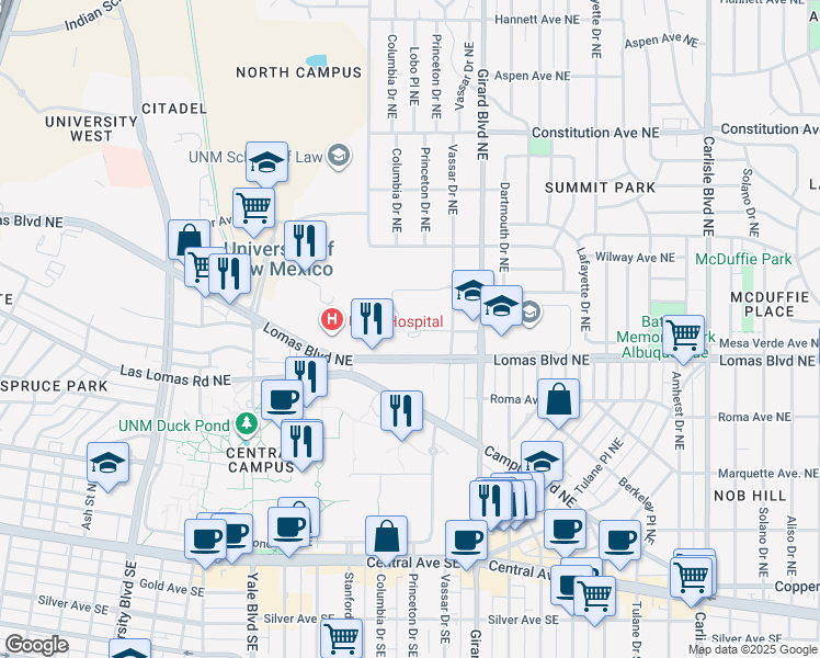 map of restaurants, bars, coffee shops, grocery stores, and more near in Albuquerque