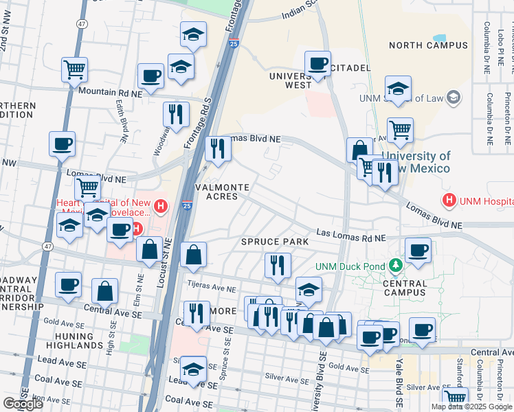 map of restaurants, bars, coffee shops, grocery stores, and more near 1206 Las Lomas Road Northeast in Albuquerque