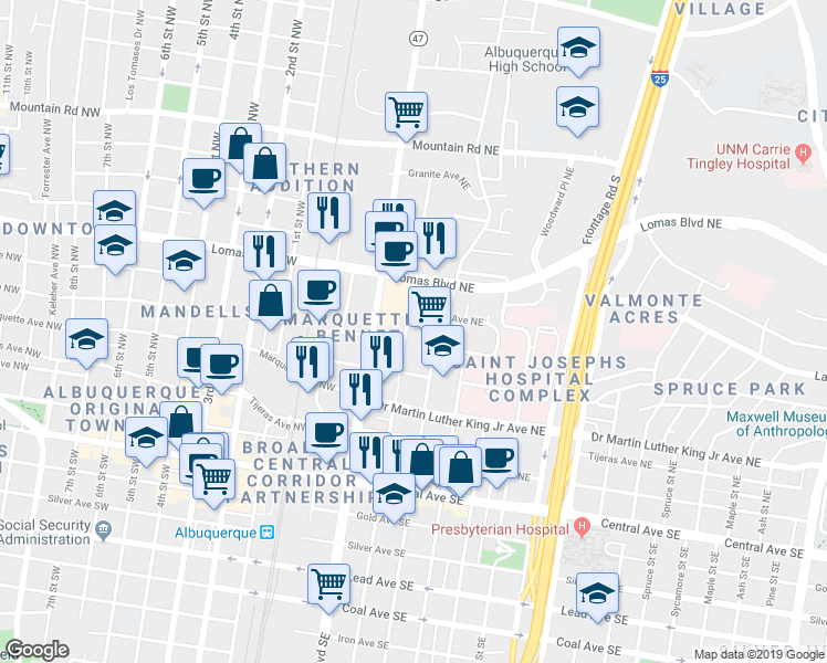 map of restaurants, bars, coffee shops, grocery stores, and more near 401 Roma Avenue Northeast in Albuquerque