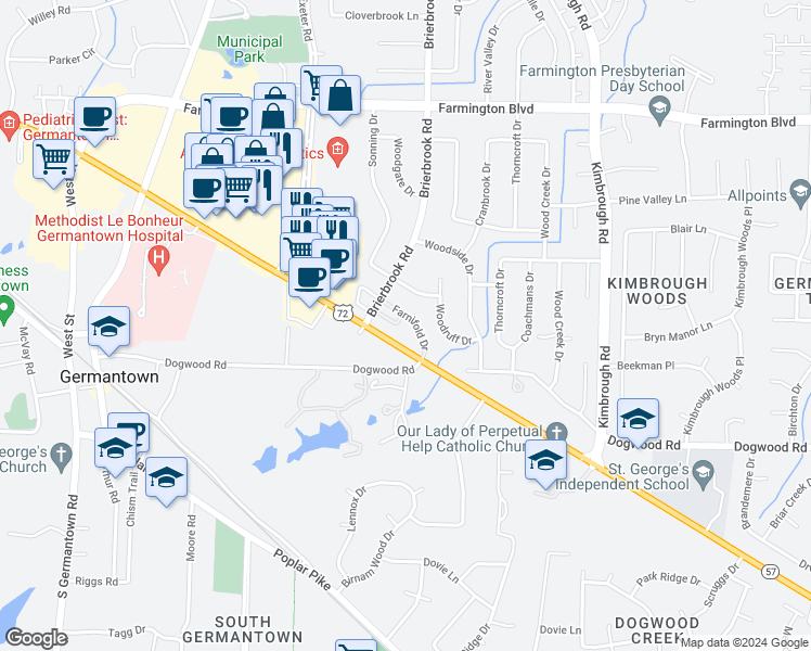 map of restaurants, bars, coffee shops, grocery stores, and more near 7930 Donnybrook Drive in Germantown