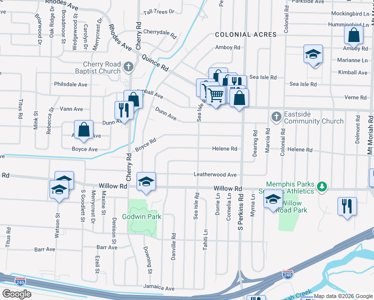 map of restaurants, bars, coffee shops, grocery stores, and more near 4516 East Dearing Road in Memphis