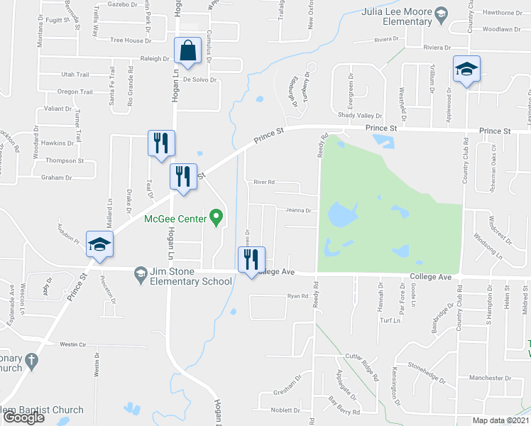 map of restaurants, bars, coffee shops, grocery stores, and more near 3700 Jeanna Drive in Conway