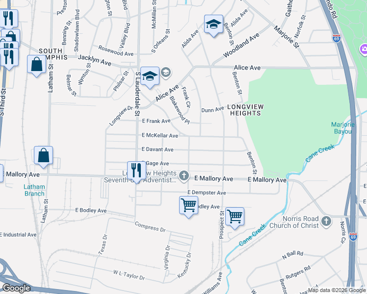 map of restaurants, bars, coffee shops, grocery stores, and more near 676 East Davant Avenue in Memphis