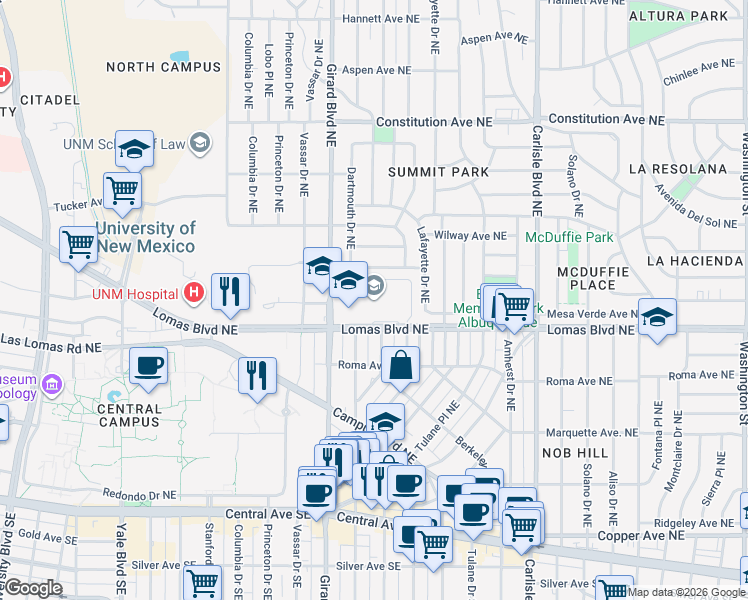map of restaurants, bars, coffee shops, grocery stores, and more near 712 Girard Boulevard Northeast in Albuquerque