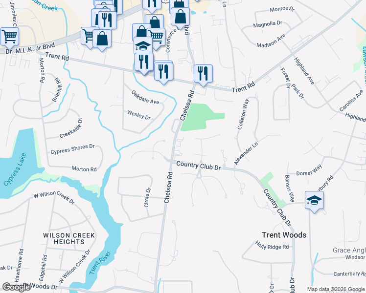 map of restaurants, bars, coffee shops, grocery stores, and more near 900 Chelsea Road in Trent Woods