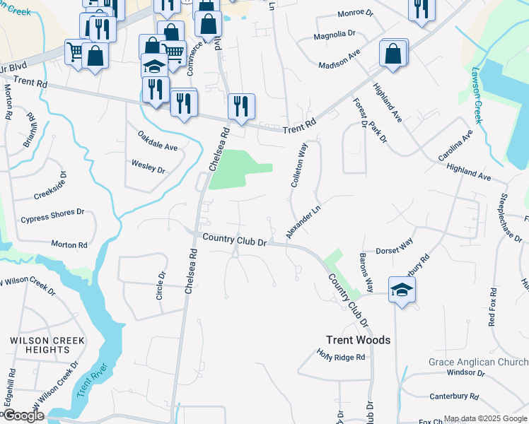 map of restaurants, bars, coffee shops, grocery stores, and more near 112 Chatham Pass in Trent Woods