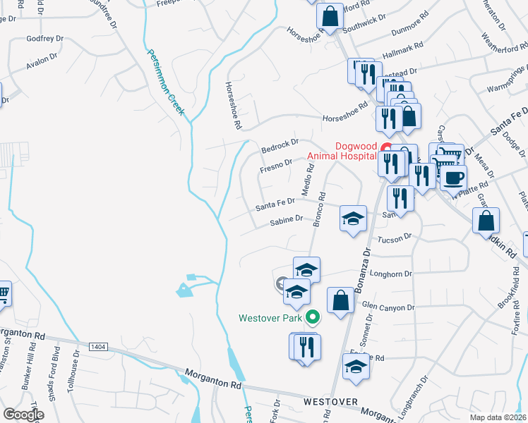 map of restaurants, bars, coffee shops, grocery stores, and more near 6145 Santa Fe Drive in Fayetteville