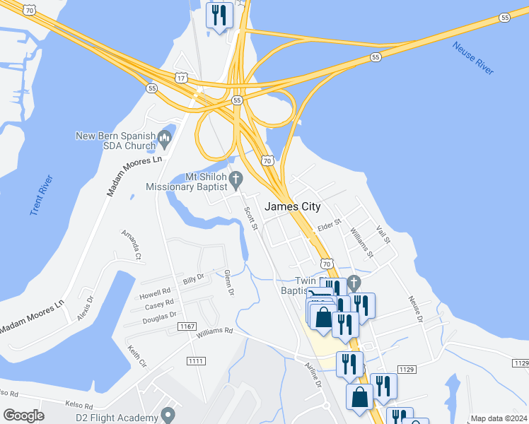 map of restaurants, bars, coffee shops, grocery stores, and more near 410 Brooks Drive in New Bern