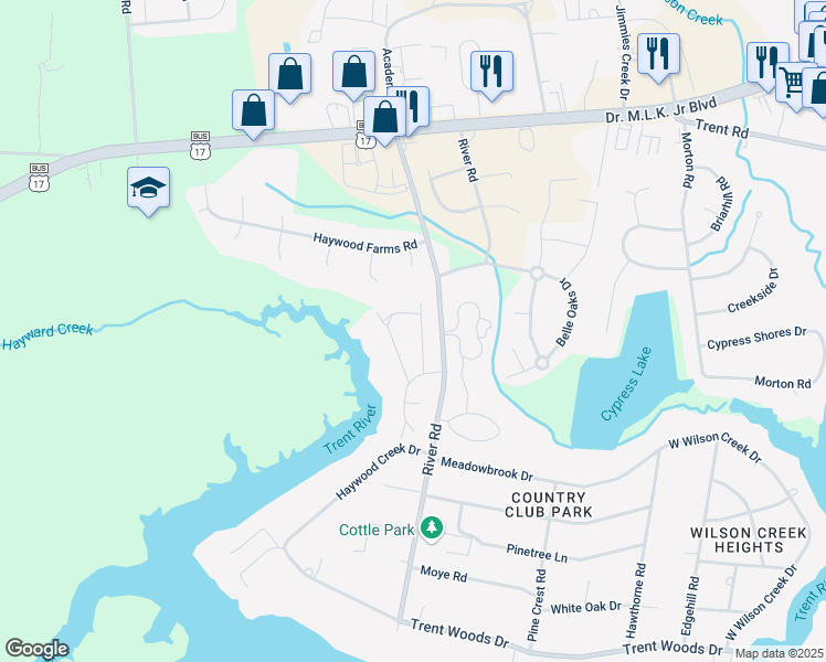 map of restaurants, bars, coffee shops, grocery stores, and more near 907 Runaway Bay in Trent Woods