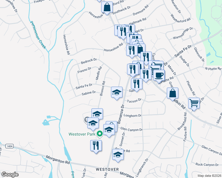 map of restaurants, bars, coffee shops, grocery stores, and more near 6025 Santa Fe Drive in Fayetteville