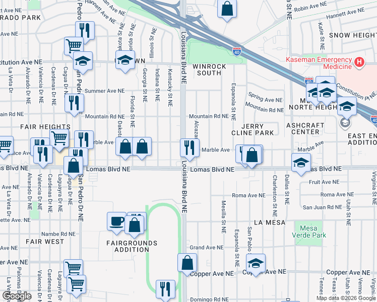 map of restaurants, bars, coffee shops, grocery stores, and more near 900 Louisiana Boulevard Northeast in Albuquerque