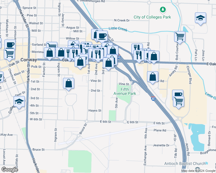 map of restaurants, bars, coffee shops, grocery stores, and more near 609 4th Avenue in Conway