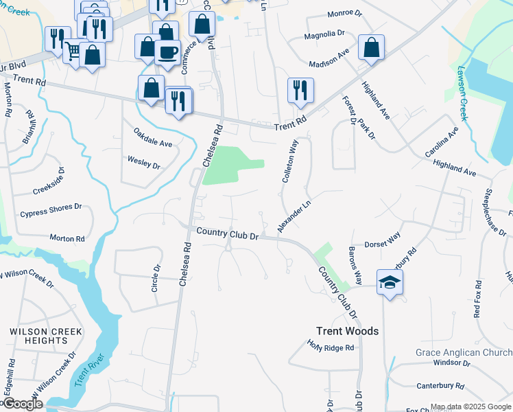 map of restaurants, bars, coffee shops, grocery stores, and more near 112 Chatham Pass in Trent Woods