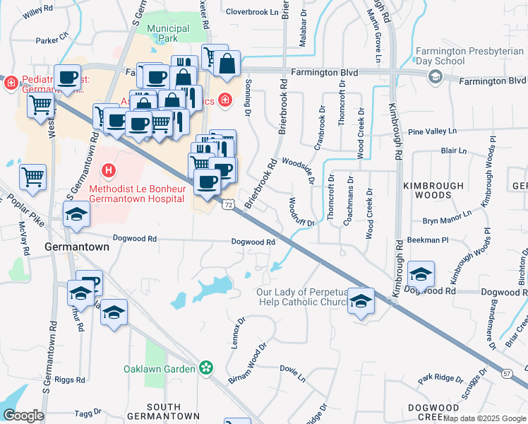 map of restaurants, bars, coffee shops, grocery stores, and more near 7930 Donnybrook Drive in Germantown