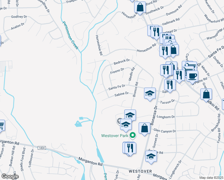 map of restaurants, bars, coffee shops, grocery stores, and more near 6140 Sabine Drive in Fayetteville