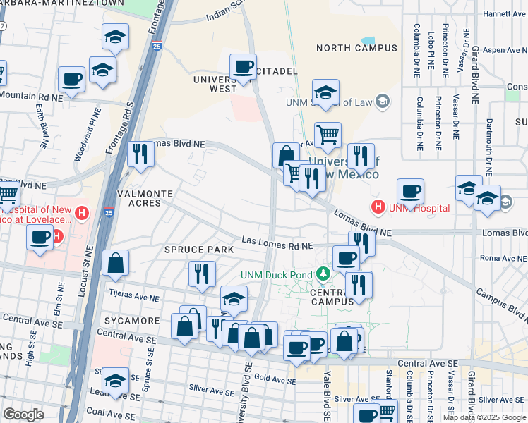 map of restaurants, bars, coffee shops, grocery stores, and more near 1615 Sigma Chi Road Northeast in Albuquerque