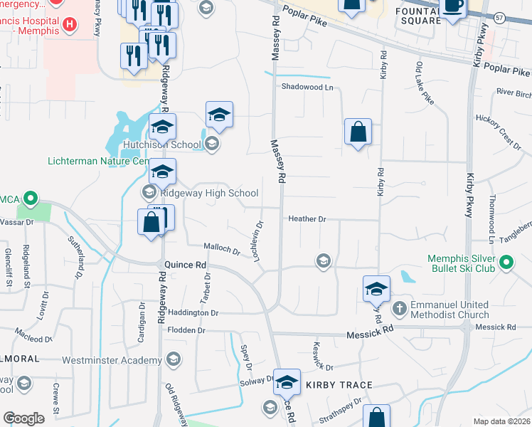 map of restaurants, bars, coffee shops, grocery stores, and more near 2214 Lochlevin Drive in Memphis