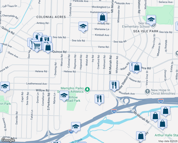 map of restaurants, bars, coffee shops, grocery stores, and more near 1601 Ivy Road in Memphis