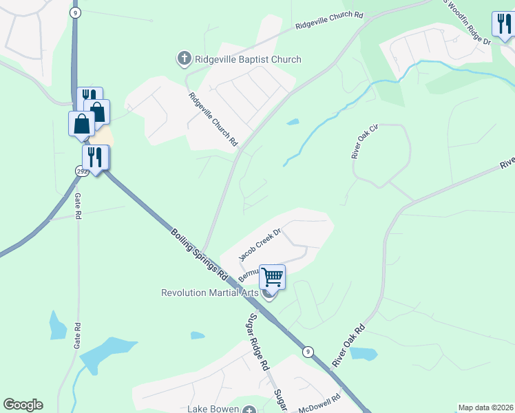map of restaurants, bars, coffee shops, grocery stores, and more near 360 Lake Bowen Dam Road in Inman