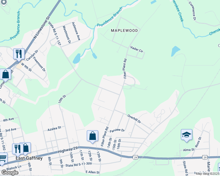 map of restaurants, bars, coffee shops, grocery stores, and more near 919 Bonner Lake Road in Gaffney