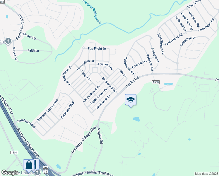 map of restaurants, bars, coffee shops, grocery stores, and more near 2107 Bonterra Boulevard in Indian Trail