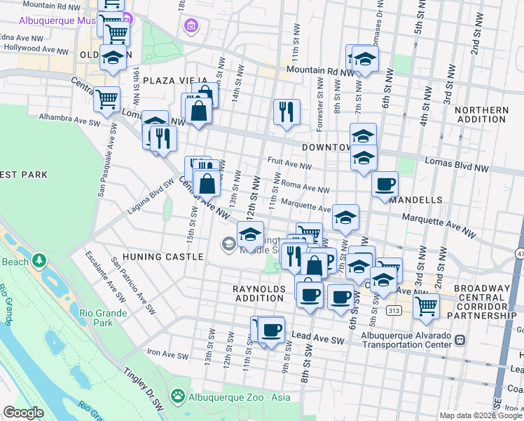 map of restaurants, bars, coffee shops, grocery stores, and more near 1107 Tijeras Avenue Northwest in Albuquerque