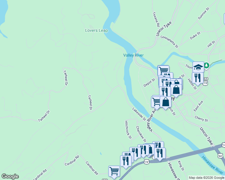 map of restaurants, bars, coffee shops, grocery stores, and more near Talc Mine Road in Murphy