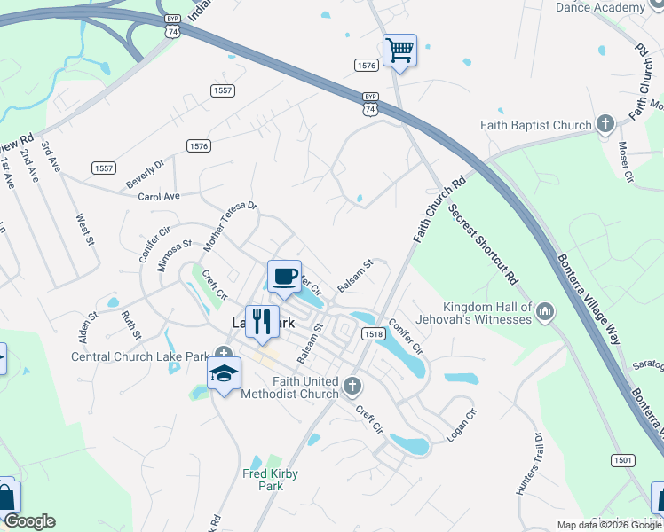 map of restaurants, bars, coffee shops, grocery stores, and more near 4013 Balsam Street in Indian Trail