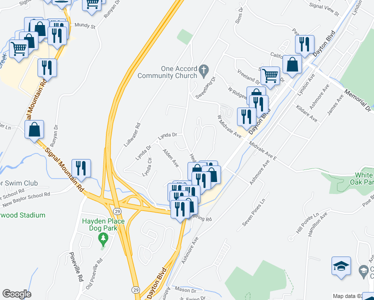 map of restaurants, bars, coffee shops, grocery stores, and more near 208 Hedgewood Drive in Chattanooga