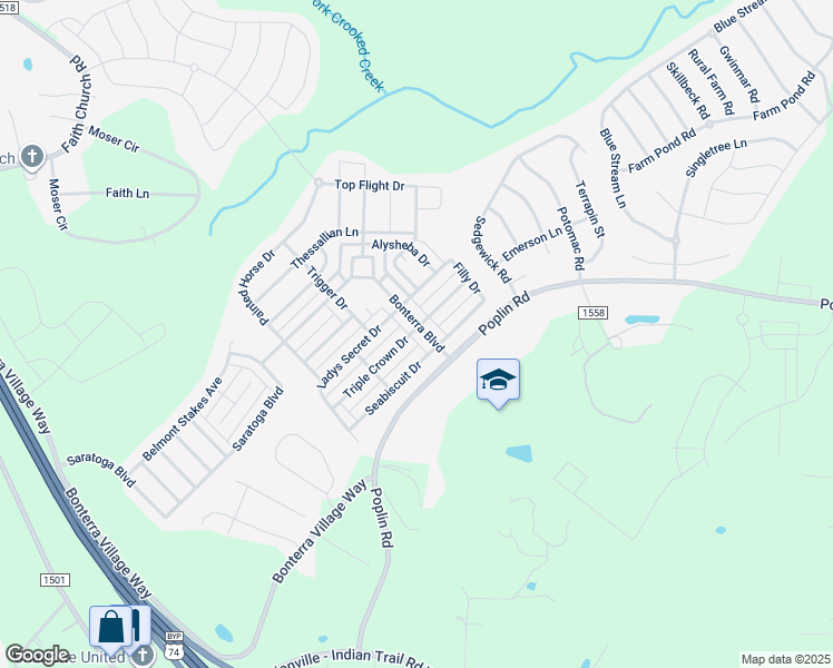map of restaurants, bars, coffee shops, grocery stores, and more near 2107 Bonterra Boulevard in Indian Trail