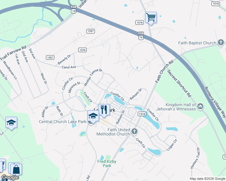 map of restaurants, bars, coffee shops, grocery stores, and more near 7305 Conifer Court in Indian Trail