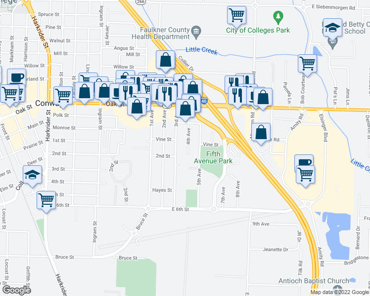 map of restaurants, bars, coffee shops, grocery stores, and more near 611 4th Avenue in Conway