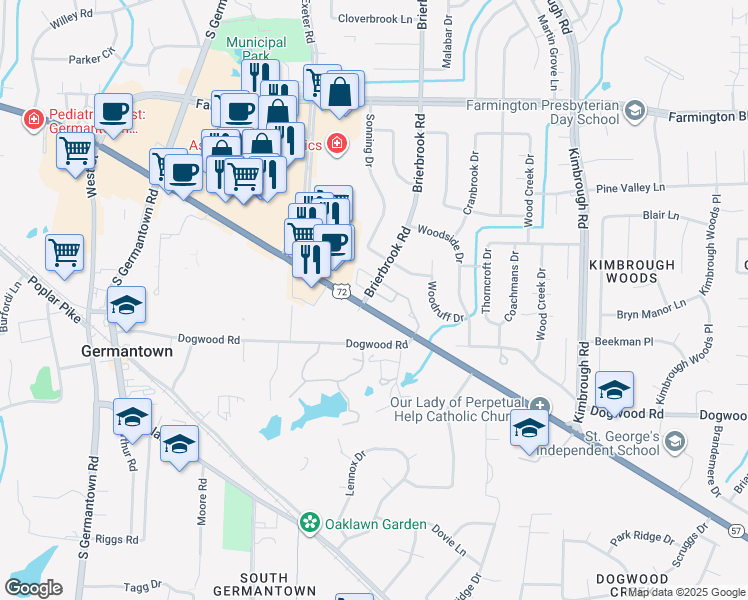 map of restaurants, bars, coffee shops, grocery stores, and more near 7930 Donnybrook Drive in Germantown