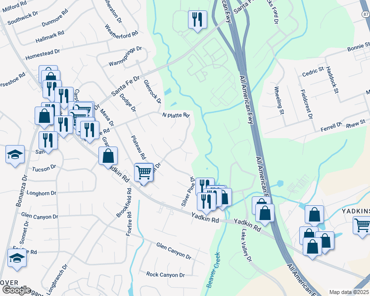 map of restaurants, bars, coffee shops, grocery stores, and more near 5498 Rimrock Court in Fayetteville