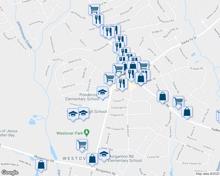 map of restaurants, bars, coffee shops, grocery stores, and more near 6001 Santa Fe Drive in Fayetteville