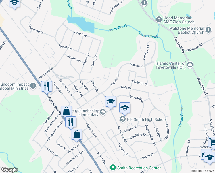 map of restaurants, bars, coffee shops, grocery stores, and more near 748 Topeka Street in Fayetteville
