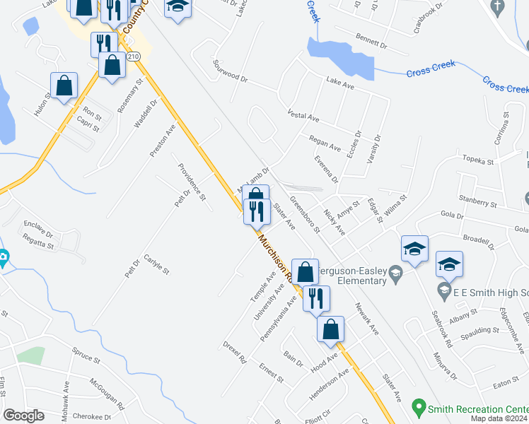 map of restaurants, bars, coffee shops, grocery stores, and more near 2410 Murchison Road in Fayetteville