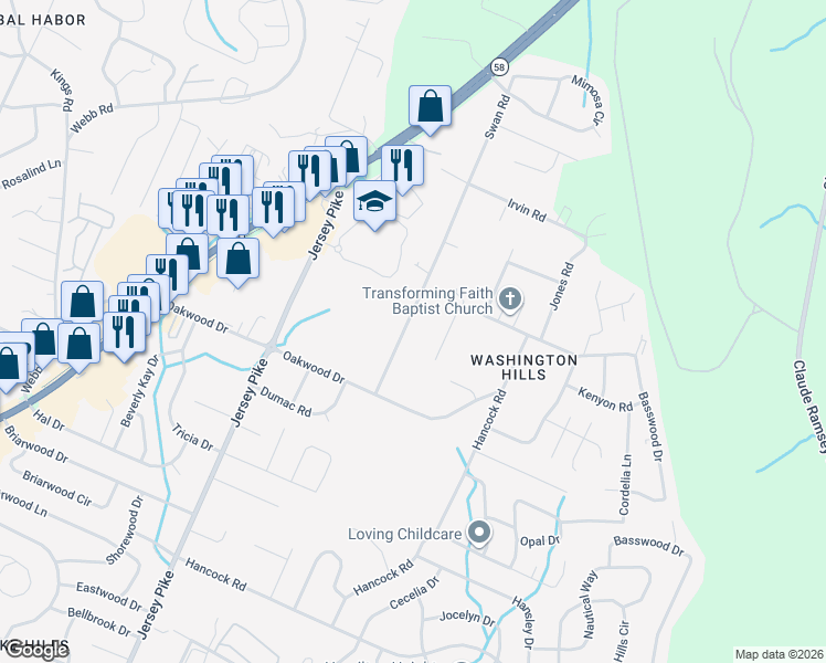 map of restaurants, bars, coffee shops, grocery stores, and more near 4818 Swan Road in Chattanooga
