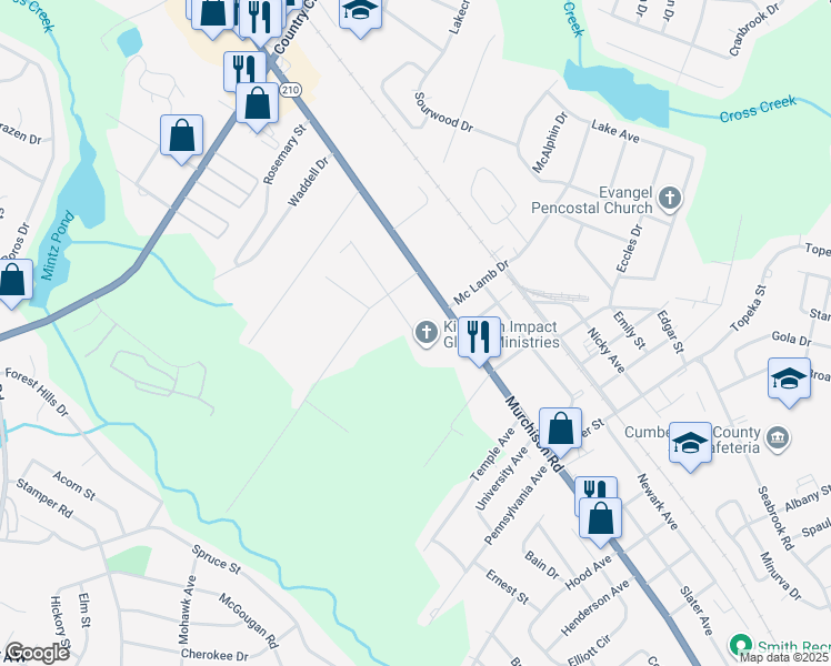 map of restaurants, bars, coffee shops, grocery stores, and more near 2500 Providence Street in Fayetteville