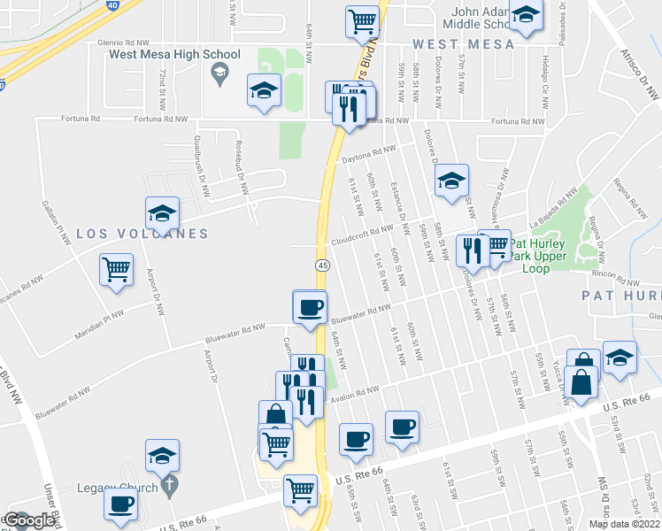 map of restaurants, bars, coffee shops, grocery stores, and more near 443 63rd Street Northwest in Albuquerque