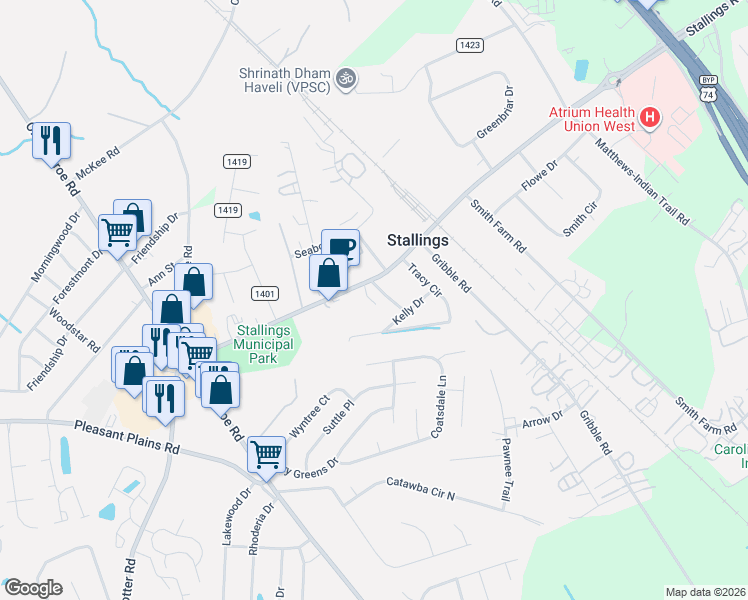 map of restaurants, bars, coffee shops, grocery stores, and more near 632 Stallings Rd in Matthews