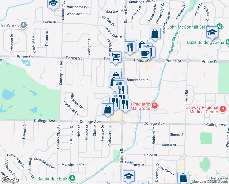 map of restaurants, bars, coffee shops, grocery stores, and more near 705 Club Lane in Conway