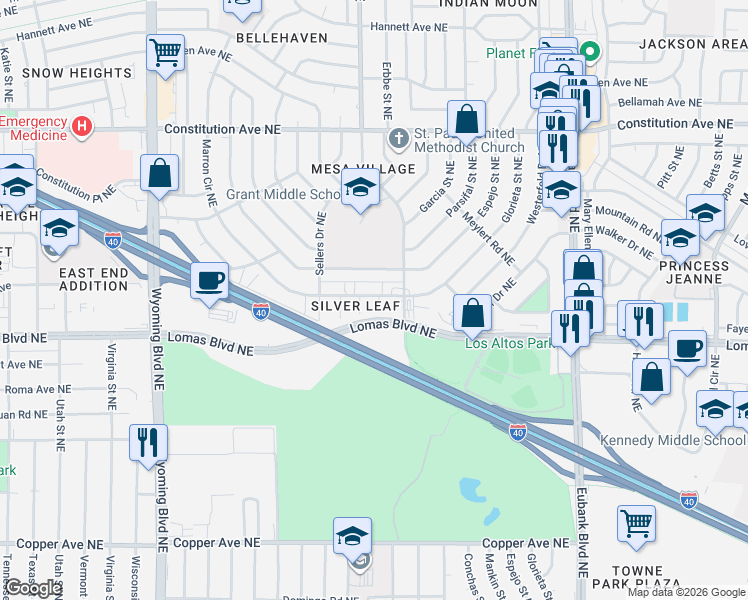 map of restaurants, bars, coffee shops, grocery stores, and more near 900 Tieran Court Northeast in Albuquerque